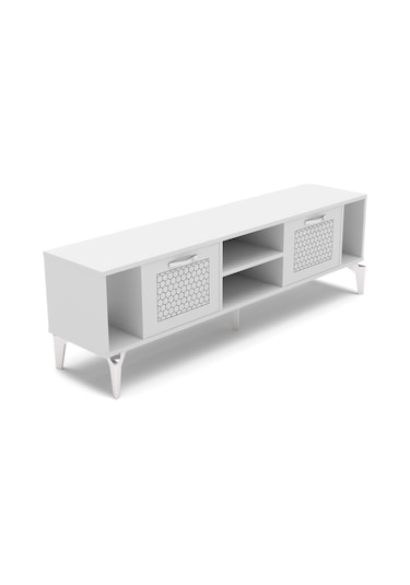 Tv Sehpası 160 Cm Modern Çok Amaçlı Dolaplı Raflı Televizyon Ünitesi Linya Gümüş Beyaz