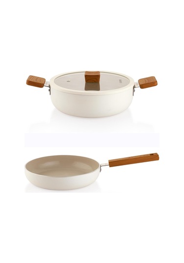 Schafer Ceramoni Seramik Basık Tencere 30 Cm Ve Tava Seti Krem Krem