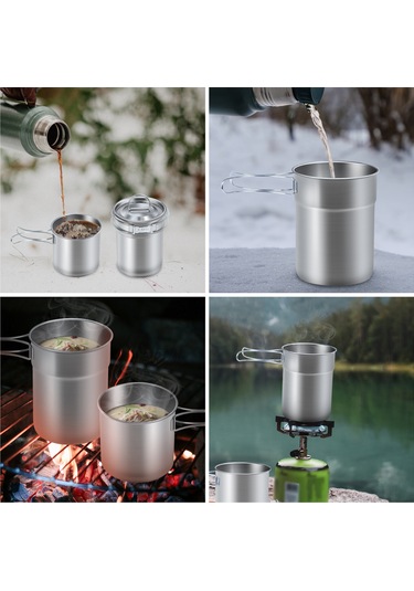 Youmex Katlanabilir Kulplu 2'li Paslanmaz Çelik Kamp Kupası Seti - 700ml & 1000ml - Seyahat & Doğa İçin Gümüş