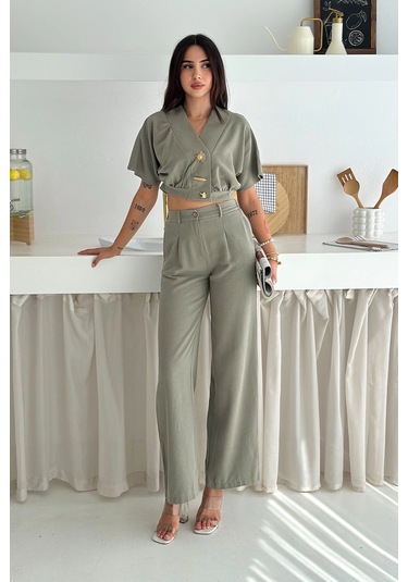 Düğme Detaylı İkili Takım Haki Haki