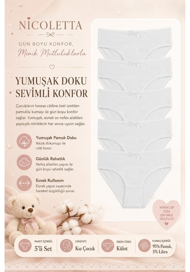 Nicoletta Kız Çocuk Külot 5 Li Paket Likralı Beyaz