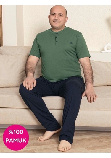 Erkek Geniş Kalıp %100 Pamuk Kısa Kol Cepli Büyük Beden Pijama Takımı Yeşil