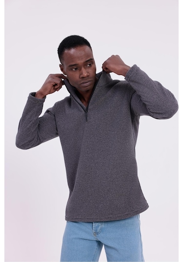 Freemen Erkek Fit Dik Yaka Yarım Fermuarlı Sweatshirt Polar Mor