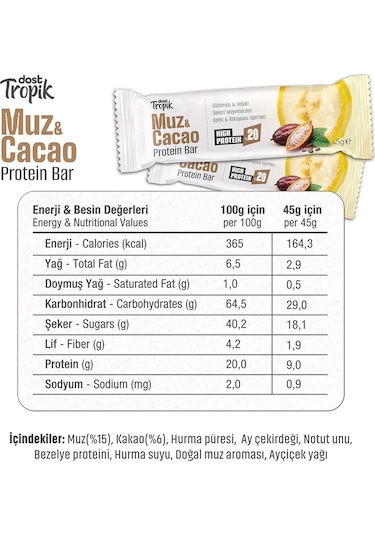 Muz Ve Kakao Aromalı Protein Bar 45 G Protein İçeren Atıştırmalık Ve Sporcu Barı 4 Adet