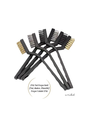 3'lü Tel Fırça Seti Tel, Bakır, Plastik Araba Detay Temizlik İçin Yağ, Kir Ve Pas Sökücü Fırça Unikat