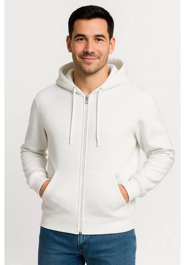 Erkek Üç İplik Kapüşonlu Tam Fermuarlı Kanguru Çepli Sweatshirt Hoodie - Beyaz Beyaz