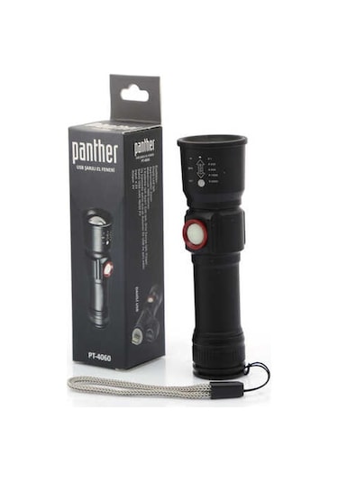 Panther Led El Feneri Usb Şarjlı Zoom Pt-4060 Siyah