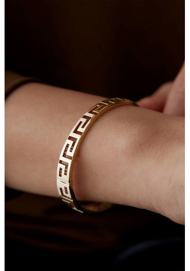 Grek Desenli Çelik Kadın Bileklik Altın