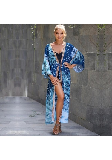 Edolynsa Bohem Mayo Cover Up Retro Şerit Kendinden Kuşaklı Kadın Yaz Giysileri Uzun Kimono Elbise Beachwear Bikini Kapak-ups Q1521 Mavi