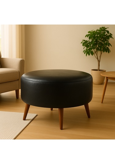 Large Büyük Yuvarlak Modern Puf - 60 Cm - Deri Kumaş - Siyah