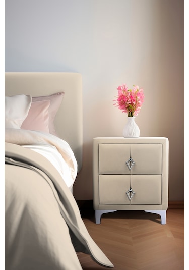 Harmony Silver Iki Çekmeceli Komodin- Yatak Odası Kumaş Döşemeli 2 Kapaklı Komodin Modeli Krem