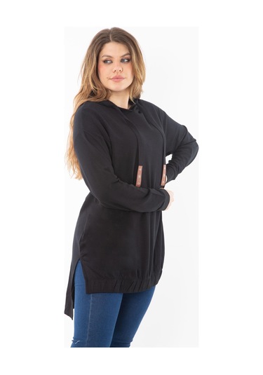 Kadın Büyük Beden Siyah Arkası Uzun Yan Yırtmaçlı Kapşonlu Sweatshirt 65n37310-siyah Siyah