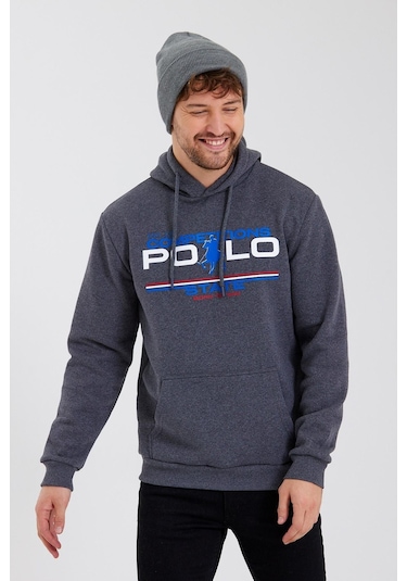 Polostate Erkek Kapüşonlu Baskılı 3 İplik Sweatshirt Antrasit