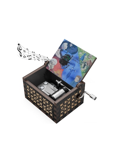 Tenfowee "el Yapımı Howl'un Yürüyen Şatosu Müzik Kutusu - Merry Go Round Melodisi İle Ahşap Kollu Müzik Kutusu Siyah Şato " Siyah 1