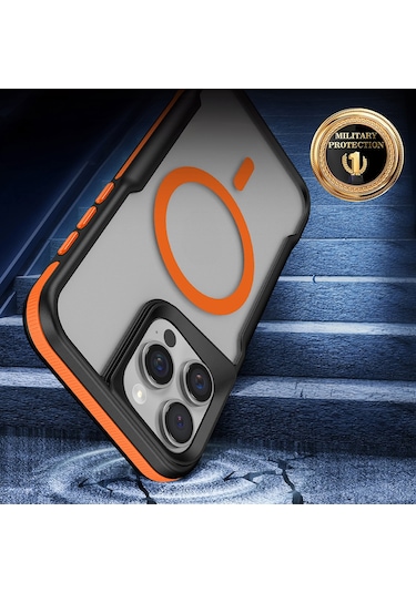 İphone 16 Pro Max Uyumlu Magsafe Şarj Özellikli Renkli Kenar Airbag Şeritli Lamer Kapak-turuncu