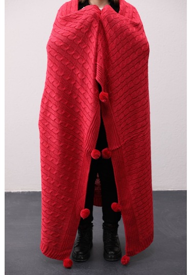 Biocotton Triko Ponponlu Örgü Tv Battaniyesi - Kırmızı