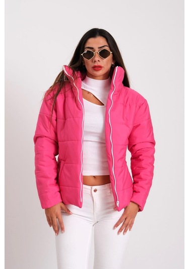 Kadın Fuşya Dik Yaka Su Geçirmez Tasarım Şişme Mont-fuşya Fuşya