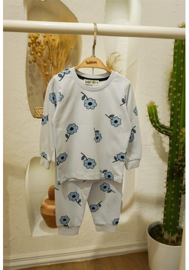 Kız Çocuk Mavi Çiçekli Desenli Uzun Kollu Pijama Takımı-893 Mavi