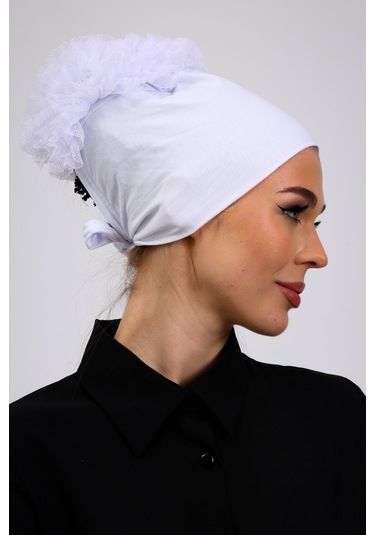 Kaymayan Fırfırlı Silikonlu Dikişsiz Bone Beyaz - Kaymaz Kadın Tesettür Bağlamalı İç Bone Beyaz