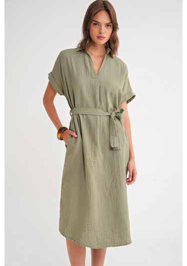 4720 Kadın Pile Detaylı Bağlamalı V Yaka Müslin Elbise Haki Haki