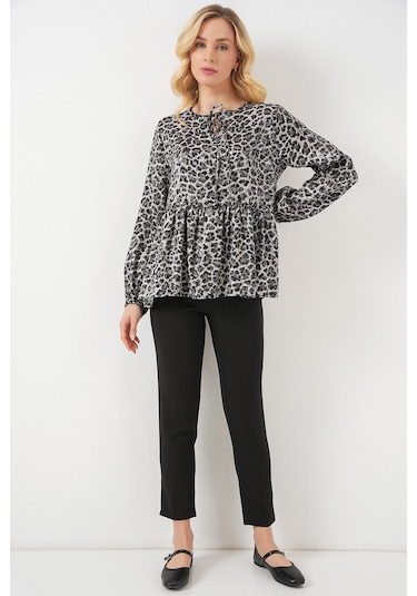 Kadın Desenli Uzun Kol Bluz 970 - Antrasit Antrasit