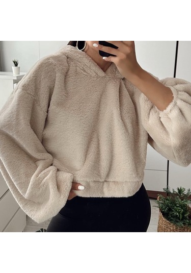 Kadın Crop Boy Yumuşacık Balon Uzun Kol Kapüşonlu Şık Kısa Sweatshirt Bej