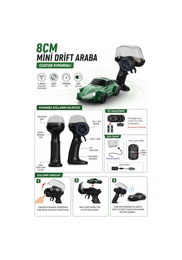 8cm 1:64 Ölçek Uzaktan Kumandalı Drift Araba Led Işıklı Şarjlı Oyuncak Yeşil