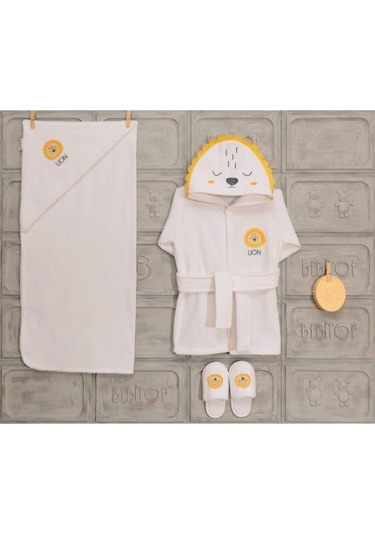 Aslan Figürlü Bornoz Seti %100 Pamuk - Sarı