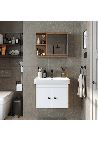Lavabolu Mat Suntalam 60 Cm Banyo Dolabı + Aynalı Üst Dolabı Atlantik Çam - Beyaz