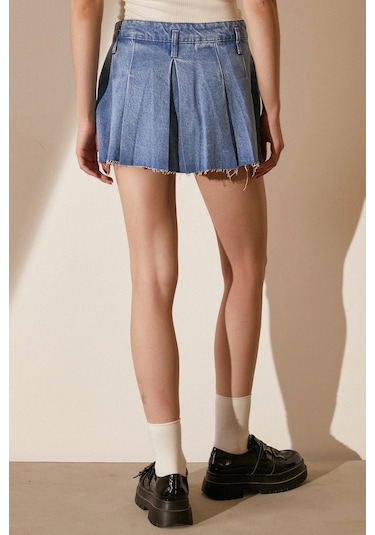 Never More Pileli Jean Mini Etek Mavi