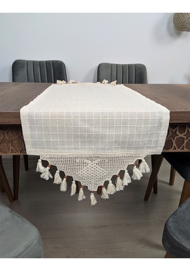 El Dantelli Püsküllü Runner Ranır Örtü Buldan Işi Monika Keten Sehpa Masa Üstü Örtüsü Şömen 45x100