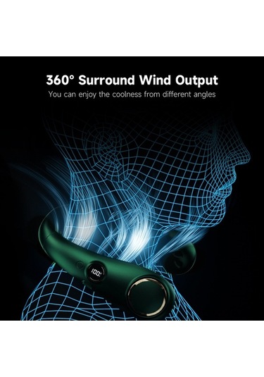 Yunboo Taşınabilir Şarjlı Boyun Fanı - 3 Hızlı Ayarlı, 360 Esinti, Led Ekran, Yeşil Açık Yeşil Açık Yeşil