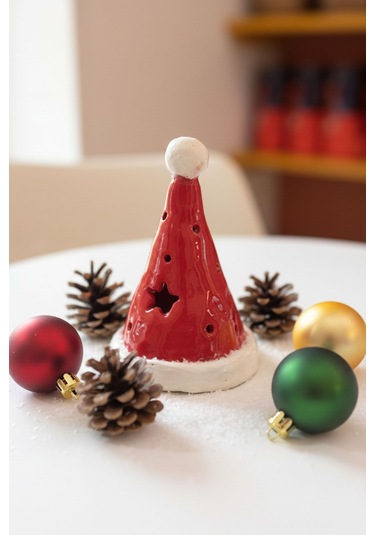Noel Şapka Seramik Mumluk- Orta Çok Renkli