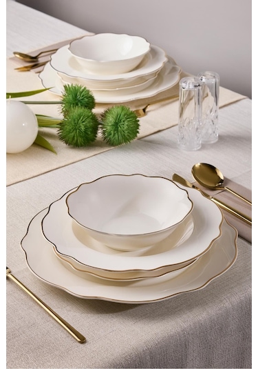 Porselen Gold Bone 24 Parça 6 Kişilik Yemek Takımı Gold Desenli