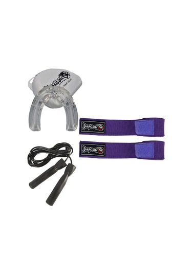 Dragondo 3,5 Metre Mor Elastik Boks Bandajı Profesyonel Şeffaf Dişlik Ve Atlama İpi Set Mor