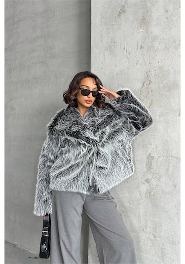 Dip Moda Kadın Gri İthal Kumaş 1. Kalite Kürk Kaban Dpnbg053 Gri