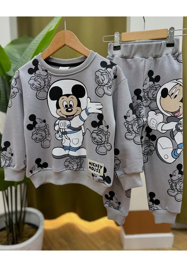 Kız Erkek Çocuk Unisex Astronot Mickey Baskılı Disney Alt Üst Takım Eşofman Takımı Gri