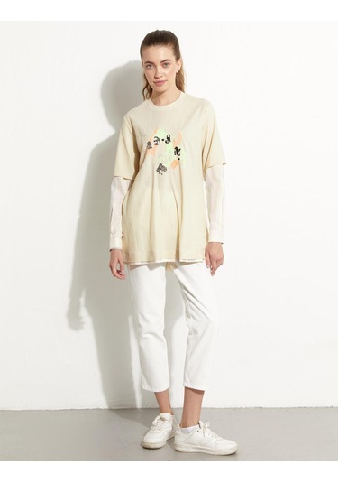 Baskılı Katmanlı Sweat-krem Krem