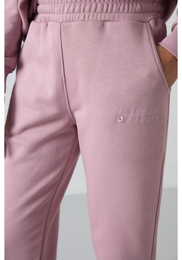 Tommy Life Gül Kurusu Basic Pamuklu O Yaka Oversize Lastik Paça Kadın Eşofman Takım - 95287 Gül Kurusu