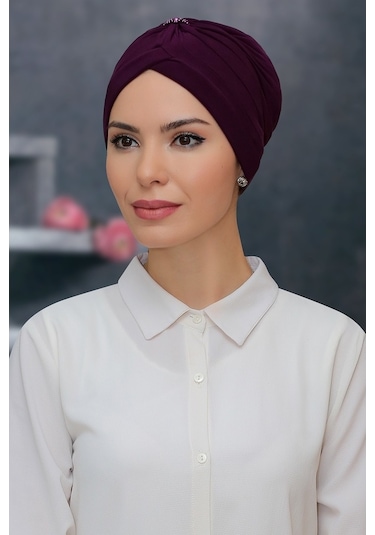 Mürdüm Pratik Hazır Geçmeli Tesettür Bone Sandy Kumaş Taçlı Büzgü (545490255) Mürdüm