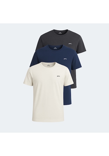 Slazenger KRATER 3 lü Set Erkek  Ekru - Koyu Gri - Lacivert Tişört