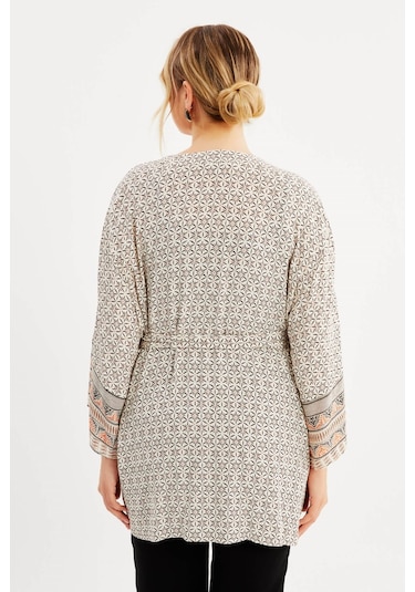 Desenli Kemer Detaylı Kimono - Krem
