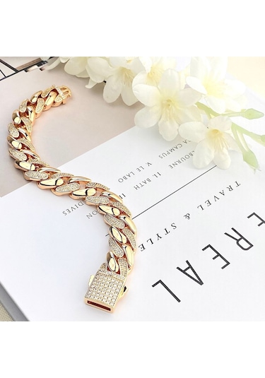 Gurmet Bileklik Tam Tur Zirkon Taşlı Kalın Zincir Çelik Kararmaz Xuping Rose 1,4cm Gold