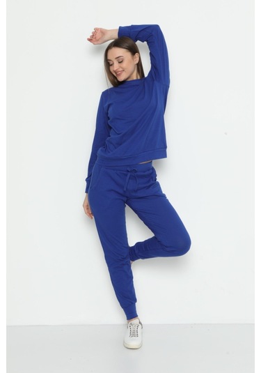 Kadın Bisiklet Yaka Pamuklu Uzun Kollu Pijama Takımı 28244 Saks