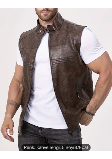 Uzun Hakim Yaka Regular Fit Hakiki Deri Yelek Kahverengi