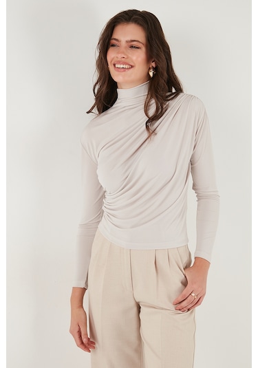 Lela Streç Büzgü Detaylı Slim Fit Dik Yaka Bayan Bluz 669925 Koyu Bej