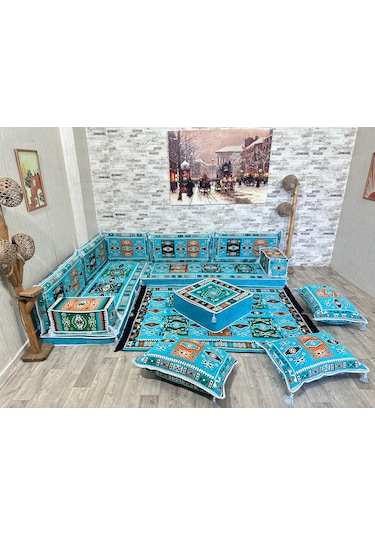 Coton Şark Köşesi Milas Desenli Yer Minderleri Turkuaz