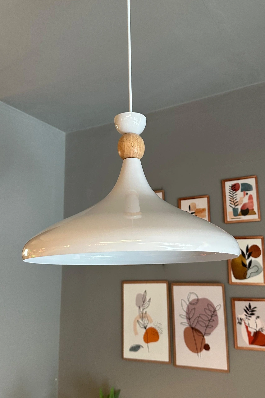 Beyaz İç Beyaz Ahşap Şapka Tekli Avize Sarkıt Salon Mutfak Cafe Butik Lamba Aydınlatma Avizeler Beyaz - Beyaz