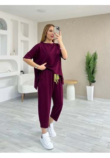 Kadın Kısa Kollu Bisiklet Yaka Viskon Iki Iplik Bluz Ve Pantolon Ikili Takım Bordo