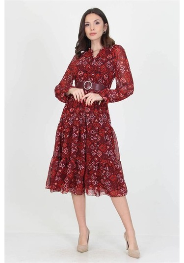 Neşeli Butik Kadın Kemerli Yakası Bağlama Detaylı Desenli Şifon Elbise Rssn02 Bordo